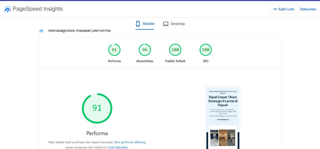 Website kami mendapatkan nilai 100 dari Google PageSpeed Insights